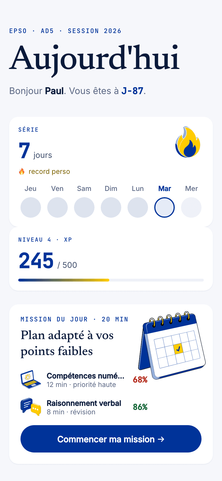 Tableau de bord Erudiam sur mobile : série et mission du jour.